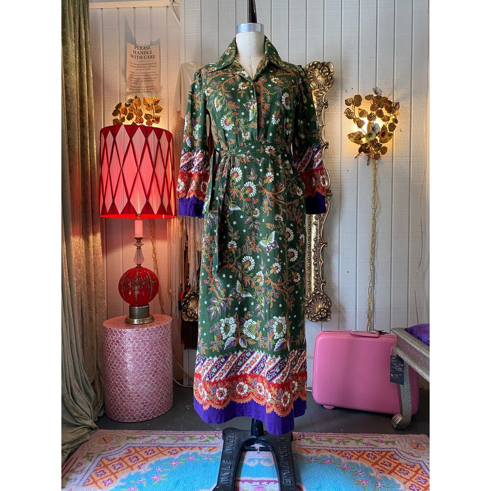 vintage 1970s butterfly print cotton maxi dress danville loungewear butterfly m